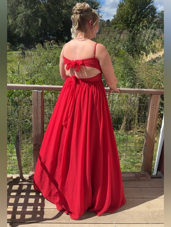 Unaltered Azazie Zeya A14 in Scarlet Spaghetti Strap Bridesmaid Maxi Dress - Picture 13 of 16